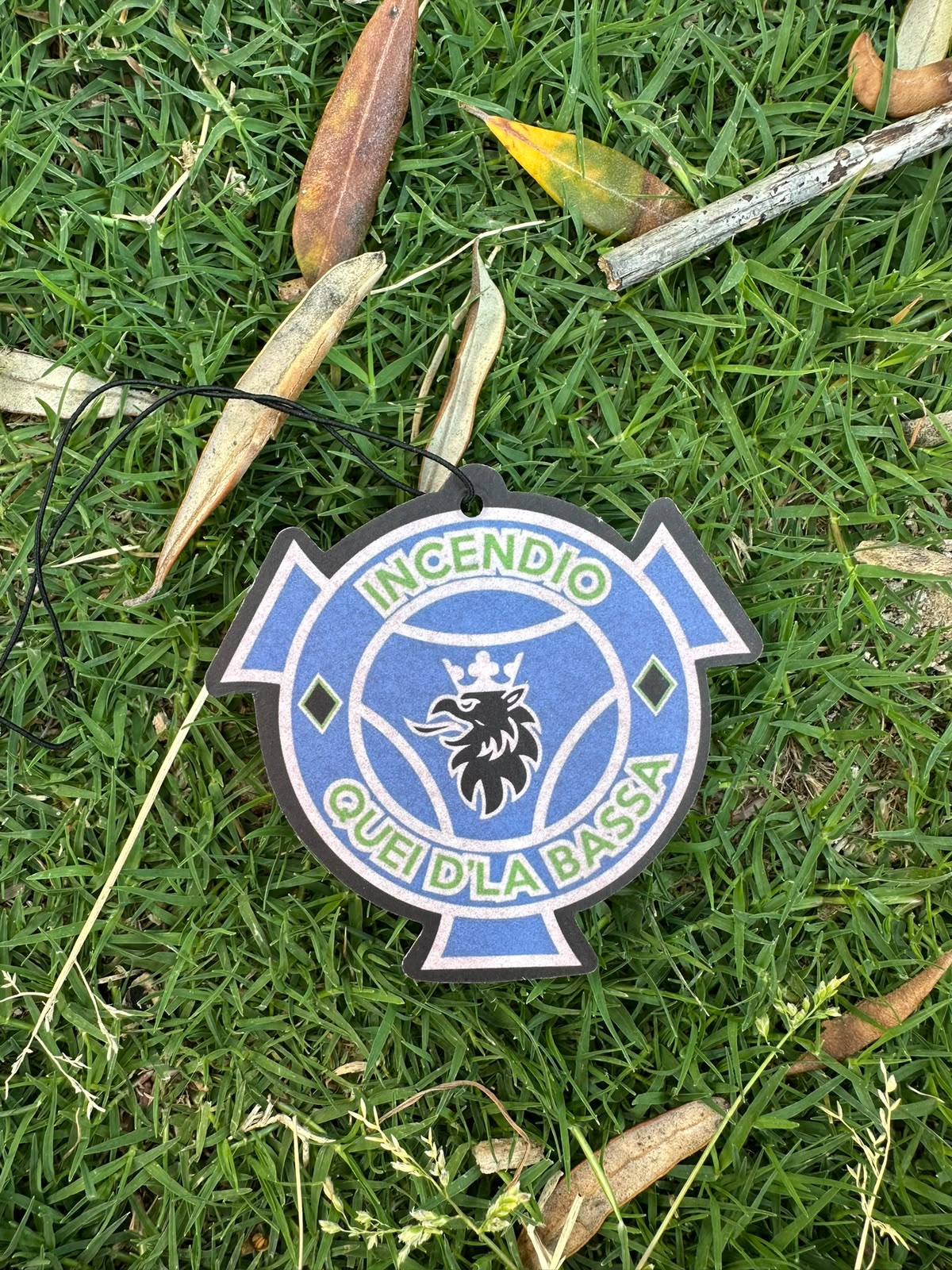 Duftbaum in Wunschkontur mit blauem Logo im Gras