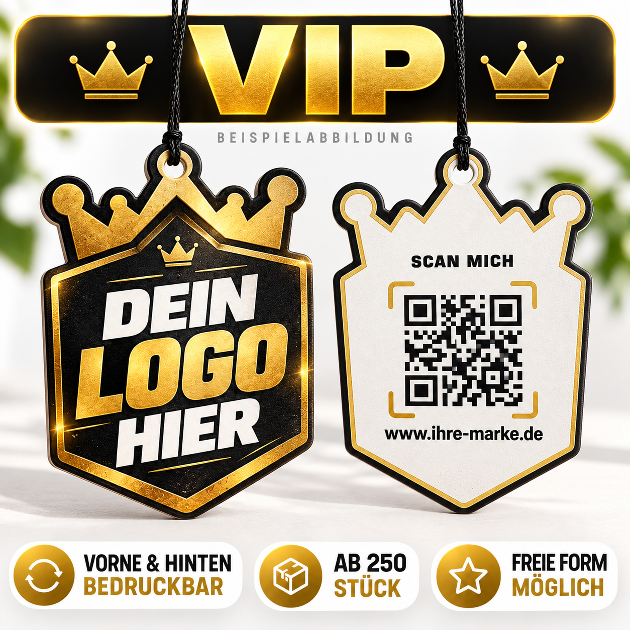 VIP Duftbaum mit Logo – Beispiel mit bedruckter Vorder- und Rückseite, QR-Code und individueller Form